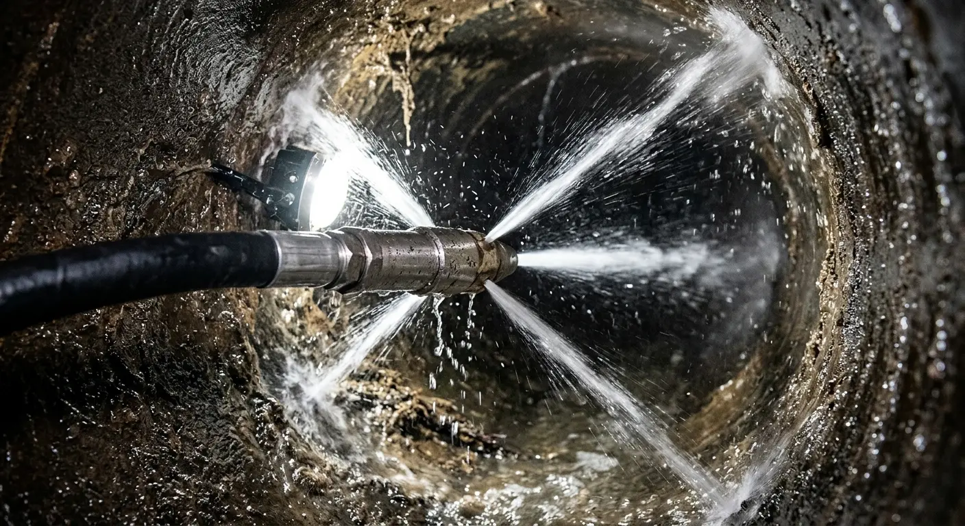High-pressure hydro jetting nozzle cleaning sewer pipe for Storm Drain Cleaning in Fair Oaks Ranch