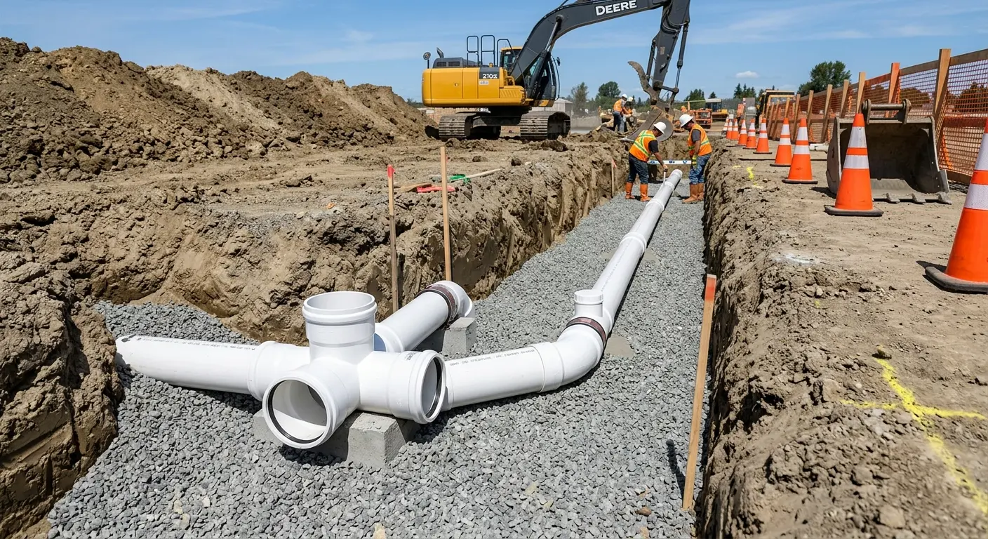 New PVC sewer pipe installation in open trench for Sewer Camera Inspection in Fair Oaks Ranch