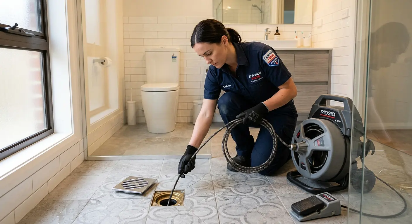 Technician clearing a bathroom floor drain for Sewer Line Installation in Fair Oaks Ranch